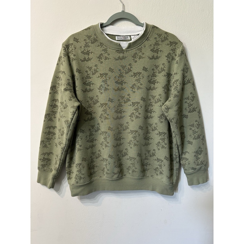 Hasting & Smith Floral Sweatshirt Womens M Green Faux Layered Crewneck Fleece
